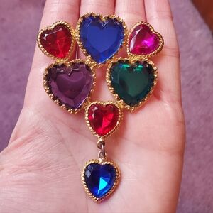 Multicolor Heart Crystal Pendant Brooch Pin - Gold Tone